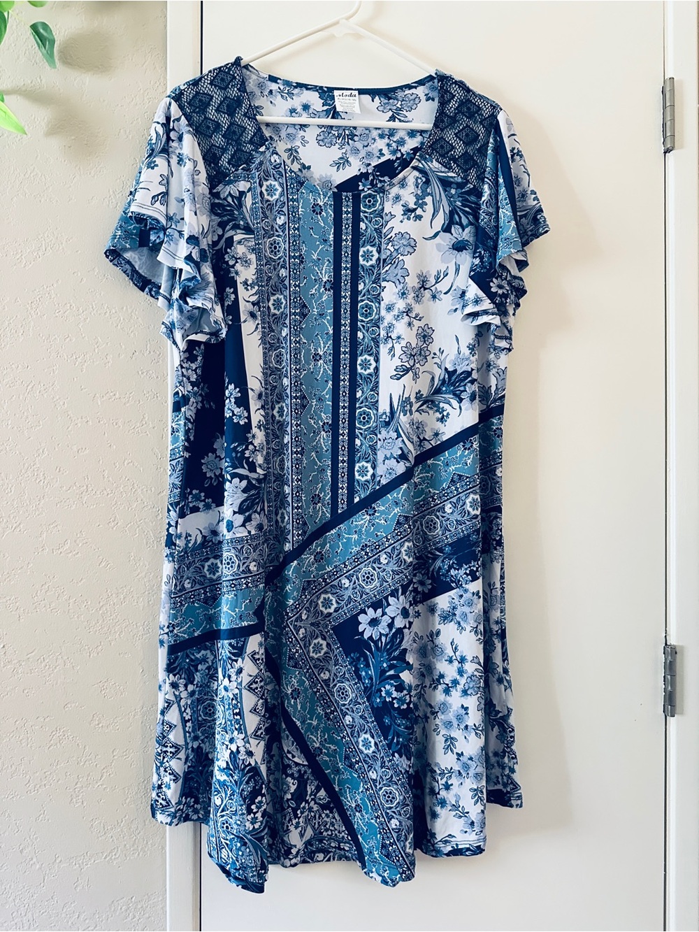 Blue & Teal Midi Dress Size XL Mixed-Print Flutter Sleeve NWOT